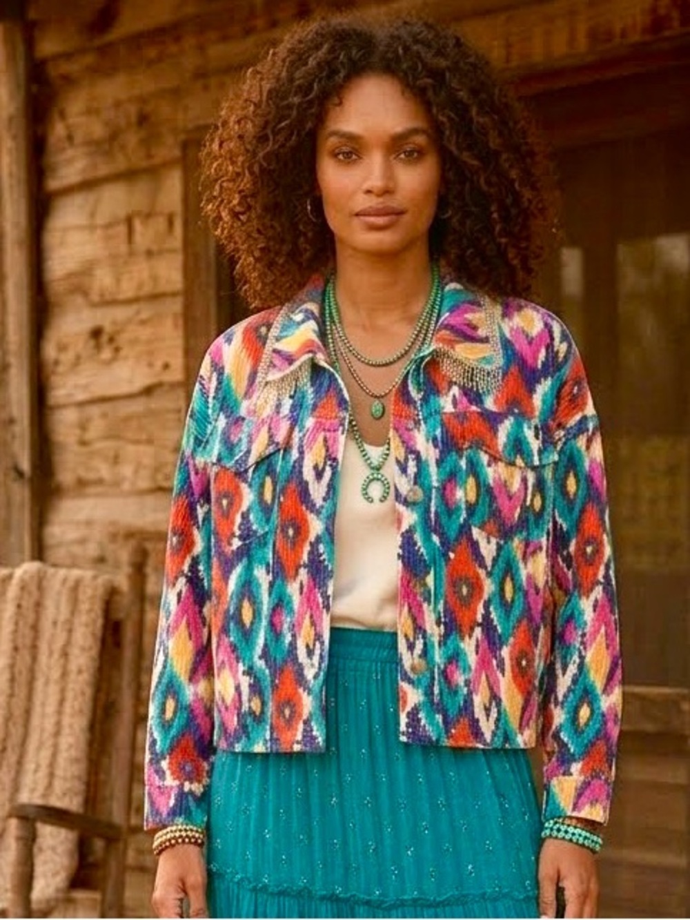 Savanna Jane Multicolor Ikat Corduroy Jacket with Fringe Collar